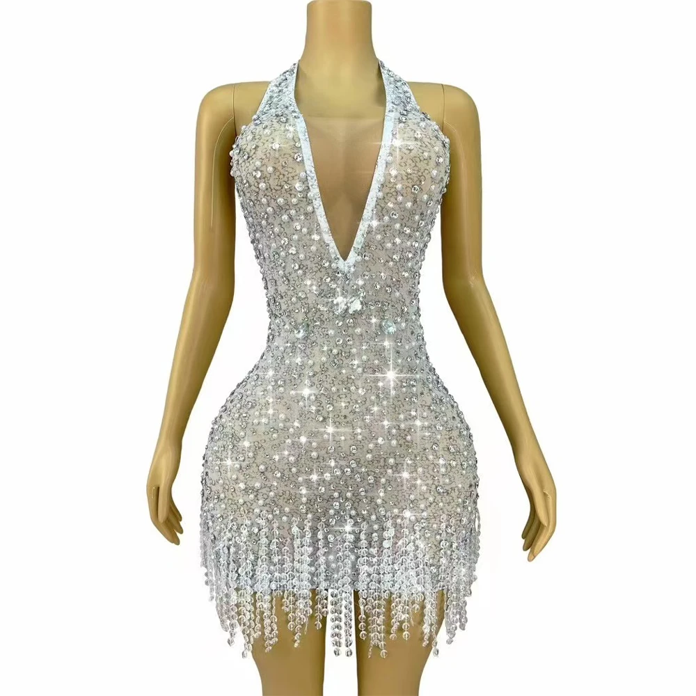 

Sexy Elegance Pure White Shiny Pearls Rhinestones Backless Bradde Chains Dress Evening Cocktail Party Gown Photoshoot Costume