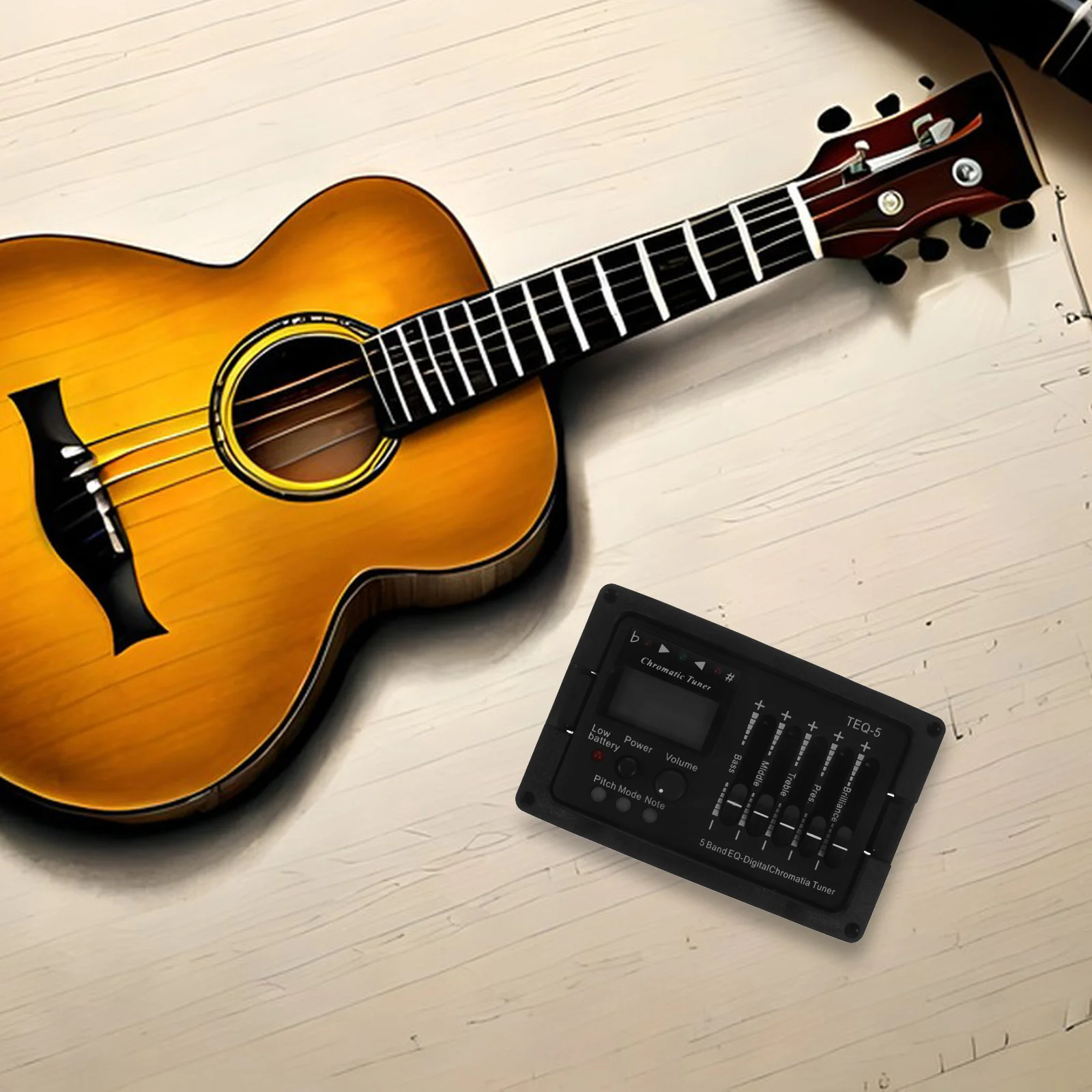 

5 Band Pickup Preamp for Acoustic Guitar Black Compact Equalizer 5 Sections Tone Control Built in Tuner LCD Display