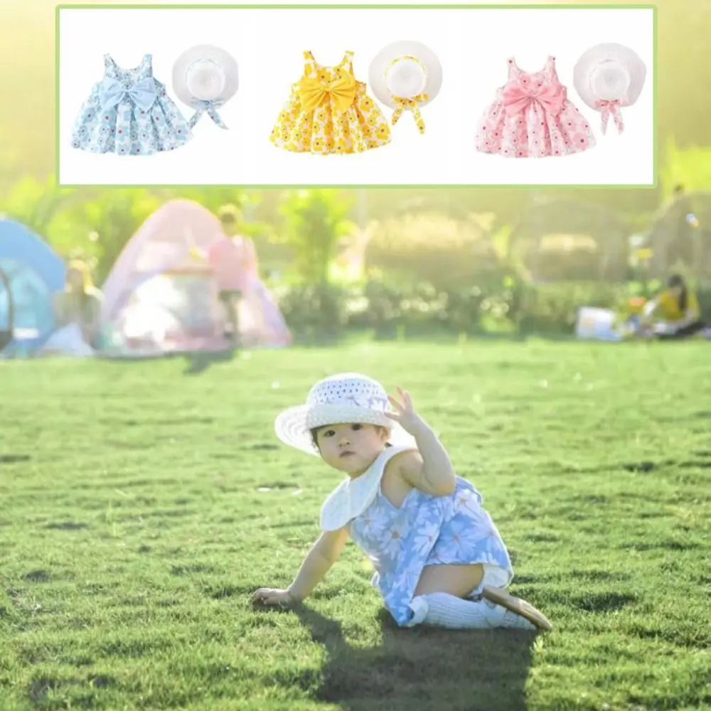Soft Bowknot Baby Girl Princess Dress Summer Cotton Floral Dress with Hat Sleeveless Sweet Kids Flower Dress Beach Vacation