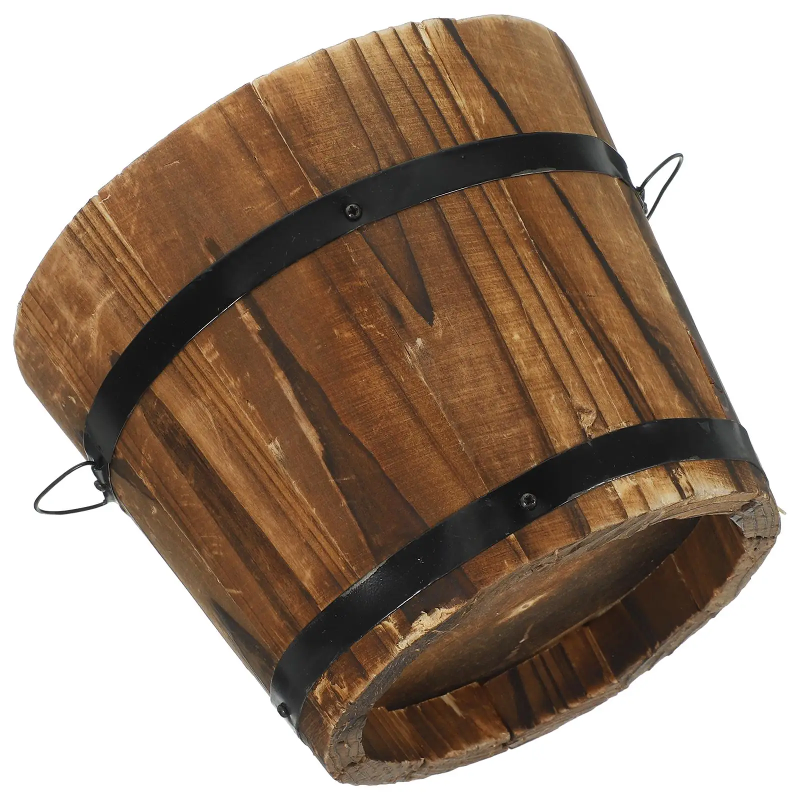 Wooden Flower Pot Medium Size with Handles for Garden Wood Barrel Planter Rustic Style Succulent Container