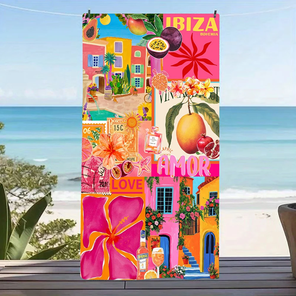 Tropical Fruit Colorful Town Ibiza Collage Beach Towel For Bright Bohemian Seaside Vacation Bath Towel