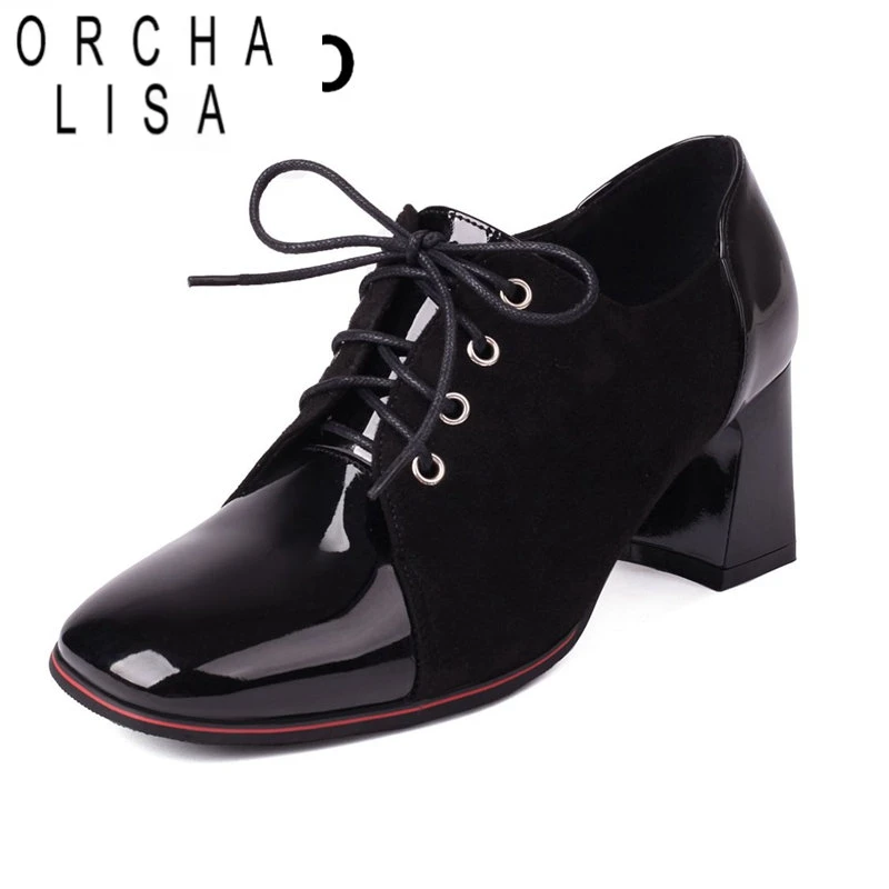 

ORCHA LISA Женские туфли-лодочки в стиле ретро, разноцветные, большие размеры, блестящие, для отдыха, повседневная женская обувь с квадратным носком, массивные высокие каблуки 6,3 см, шнуровка