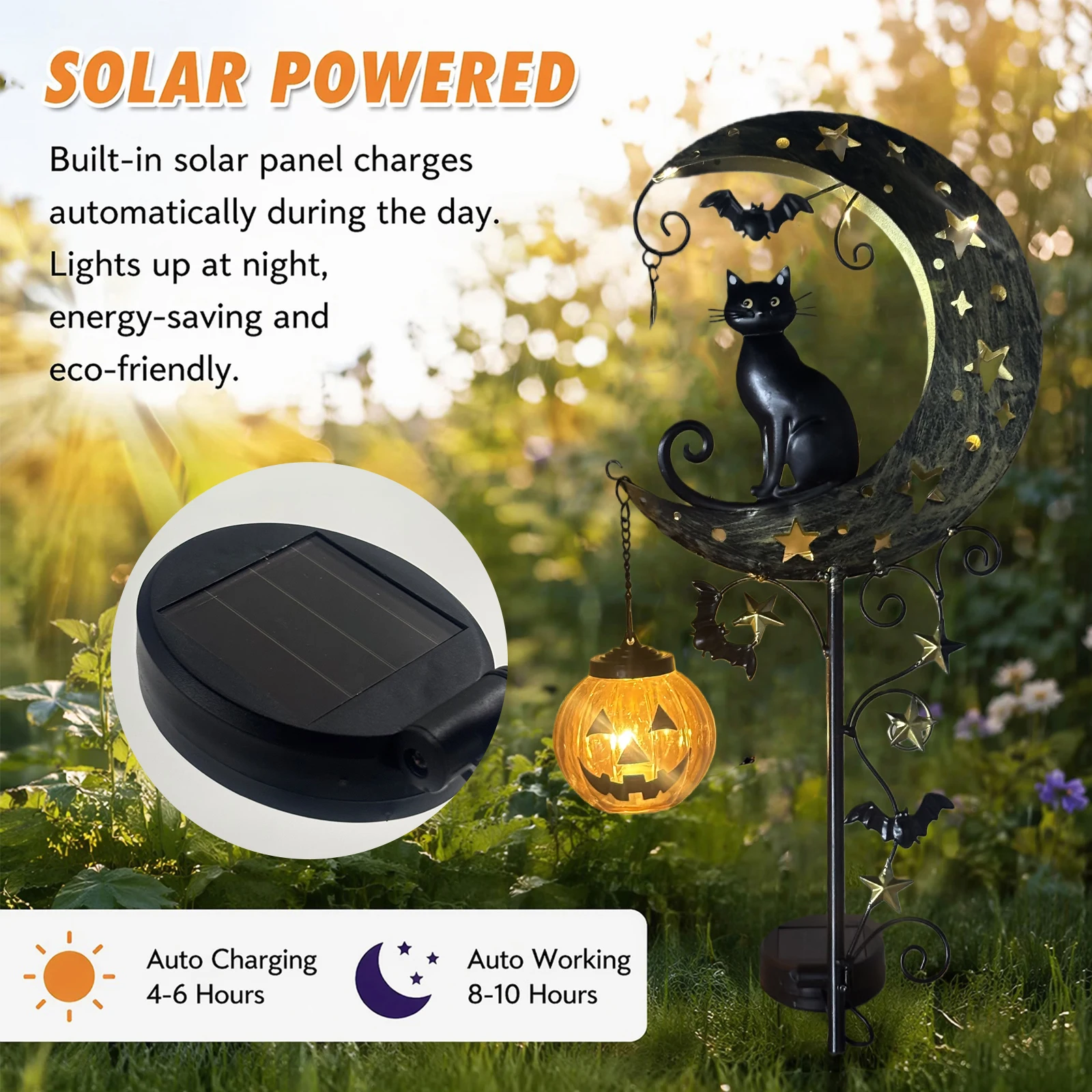 Solar Moon Cats LED Stakes Light Weatherproof Metal Pumpkin Stake Lights Halloween Decorations Solar Lamp for Housewarming Gifts