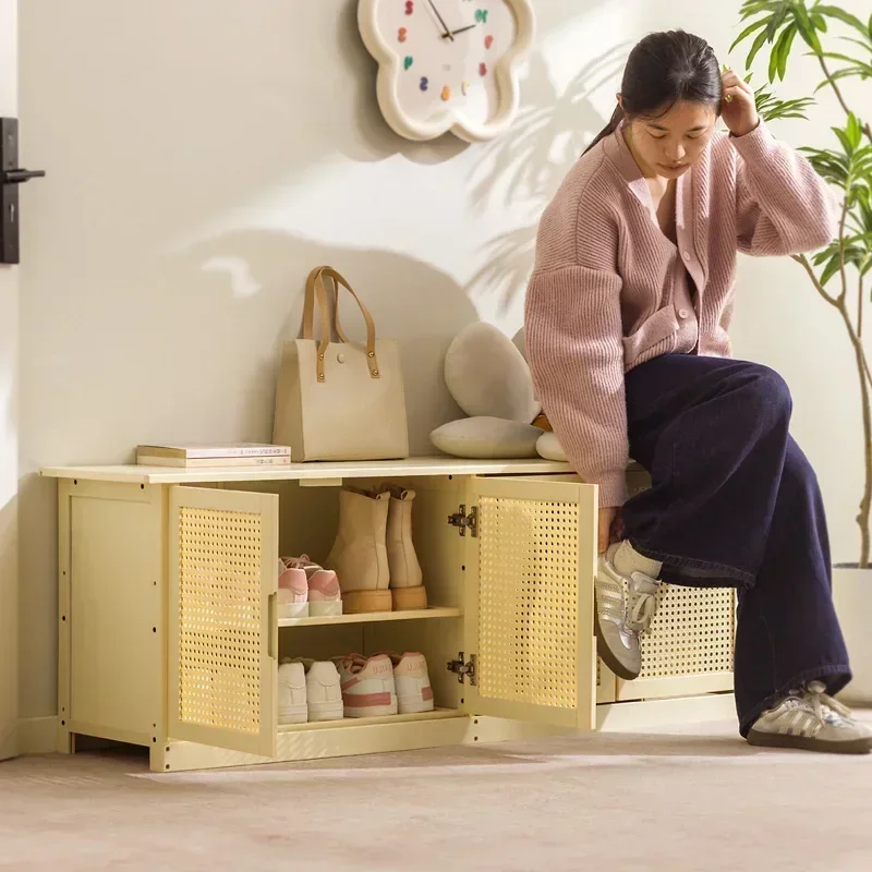 Multi-functional Cream style shoe changing stool for home use, doorstep for wearing shoes, adjustable seating shoe cabinet