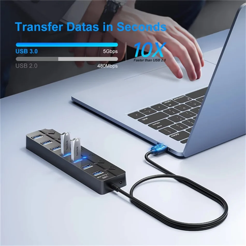 

4/7 Port USB 3.0 Hub with LED Indicator Independent Switch Control for PC Laptop Flash Drive Hard Disk Printer Camera Keyboard