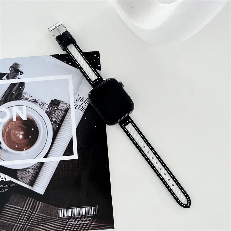 Ремешок кожаный и холщовый для Apple Watch 42 мм 44 мм 41 мм 45 мм, стильный тонкий дамский браслет для Iwatch Series7 6 5 4 3 2 1