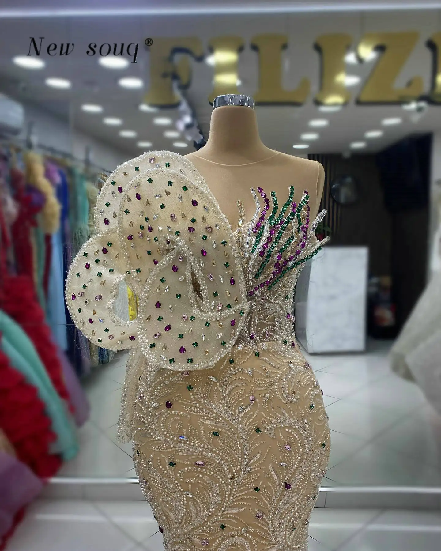 Fashion Chic Design Champagne Long Mermaid Evening Dresses with Colorful Crystals 2024 One Shoulder Formal Wedding Night Gowns