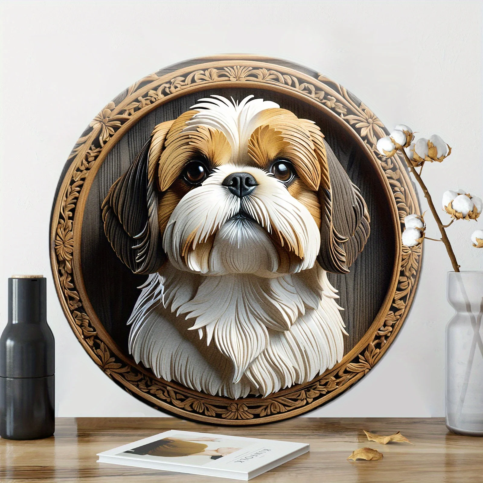 Round Shih Sign, Cute Dog Sign, Living Room Wall Decor, Round Fashion Art Aesthetic, Terrace Decor Gift Holiday Gift 20x20cm