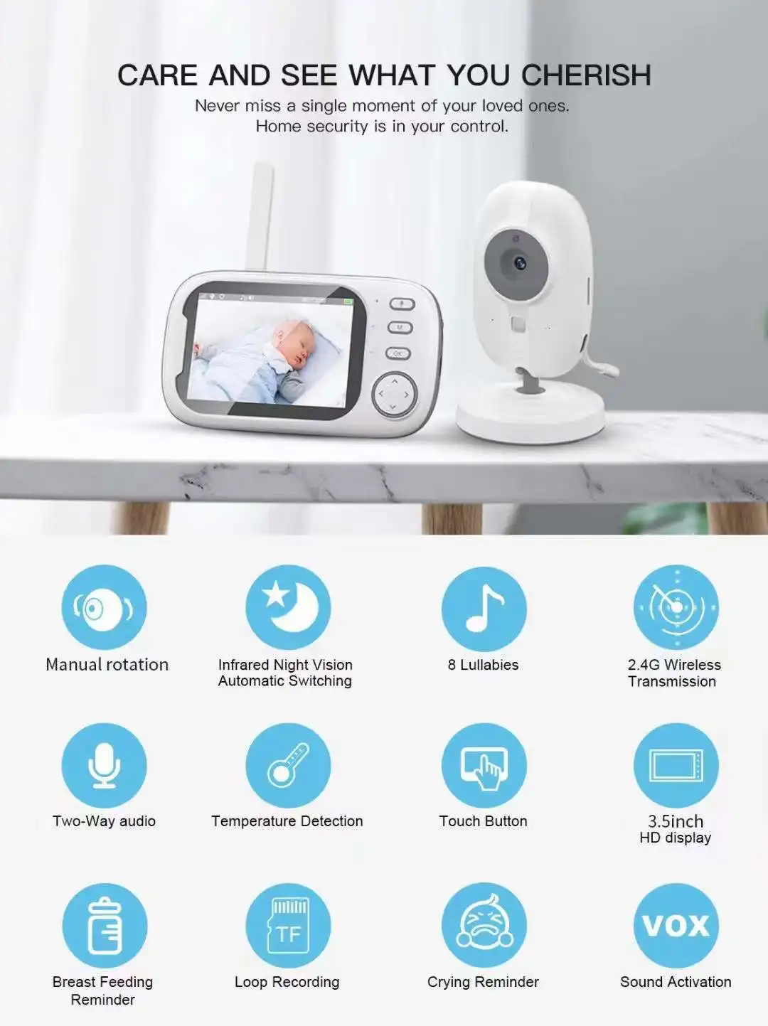 3.5 Polegada 720P Monitor de bebê sem fio Monitor de temperatura VOX Alimentação Lembrar Intercom BabySistter Babá Cam