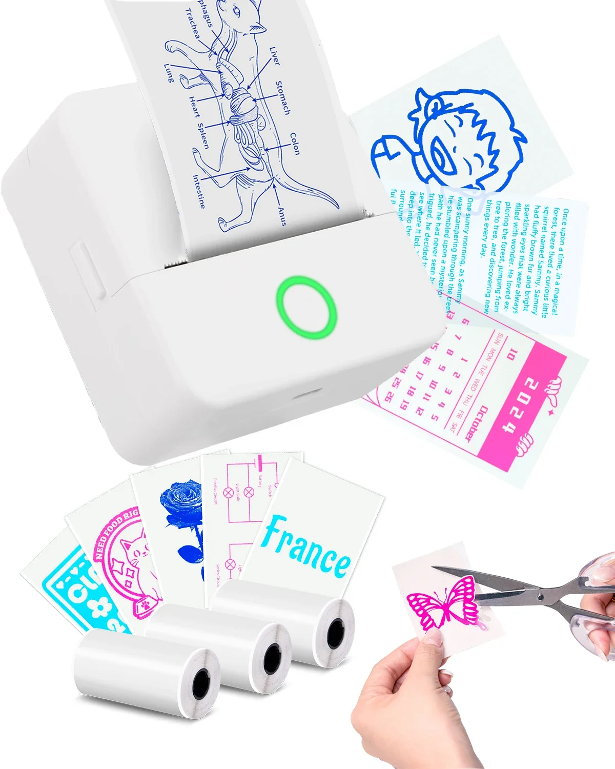 57mm Printer Mini Sticker Printer,Inkless Thermal Pocket Printer With Color On Clear Paper for Gift for Photo,Memo Impressora