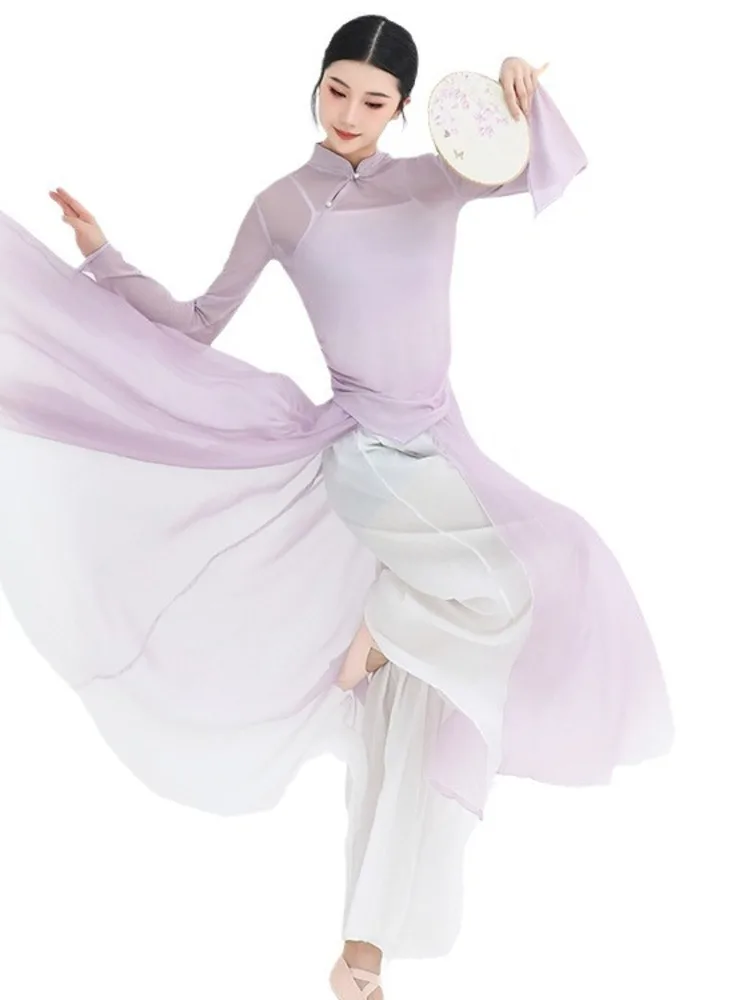Solid Color Slim Fit Dance Top with Stand Collar and Slit + Mesh Wide-Leg Pants – Elegant Ballet Stage Costume Set