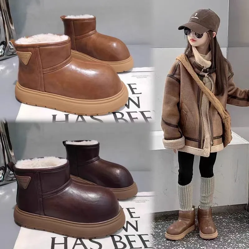 

2025 зимние ботинки из утепленного флиса для девочек и мальчиков, короткие ботинки, удобная хлопковая обувь на резиновой подошве с круглым носком