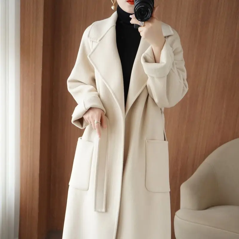 Solid Color Loose Jacket Woolen Coat  Belt Fashion Office Lady Pockets Long Sleeve Elegant for Women Overcoat V27