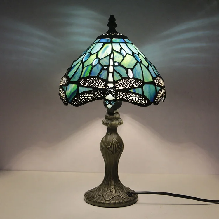 LongHuiJing Tiffany Stained Glass table lamp Restaurant Crystal desk Lamps Mediterranean Blue Dragonfly Desk Light