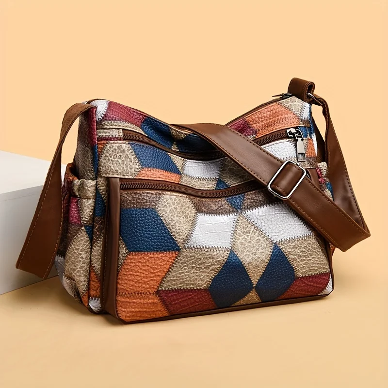 Patchwork Crossbody Bag for Women, Vintage Style, Color Block Pattern with PU , Multi-Layer Shoulder Purse for Daily Use