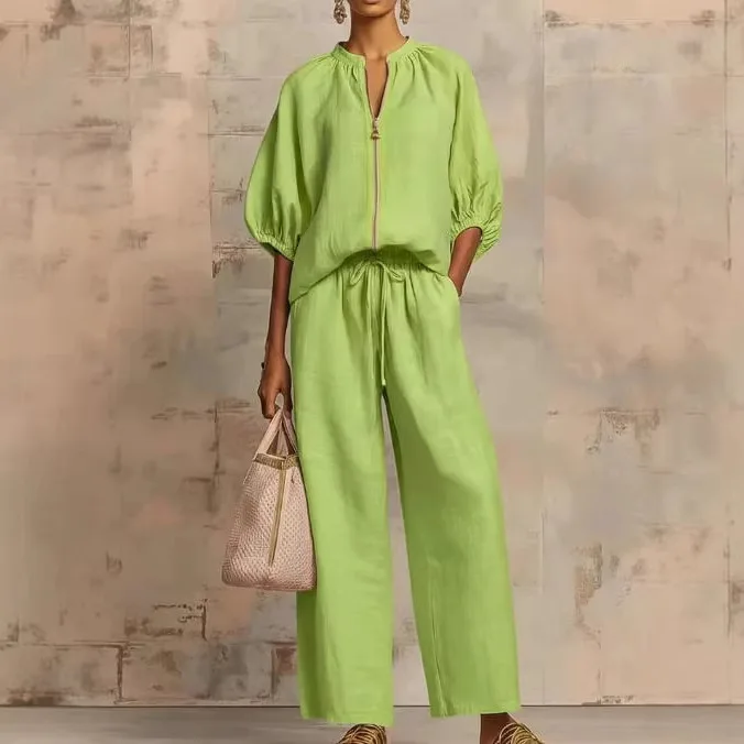 

Casual Wide Leg Pants Sets Women 2026 Summer Solid Color Half Sleeve Tops Two Piece Set Elegant