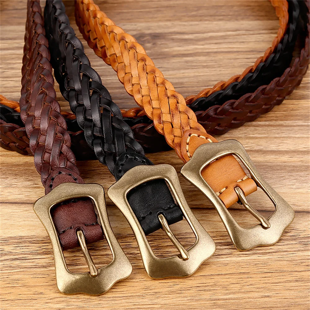 Ladies Belts Hand-woven Genuine Leather Belt for Women Retro Gold Color Buckle First-layer Cowhide Leather Belt