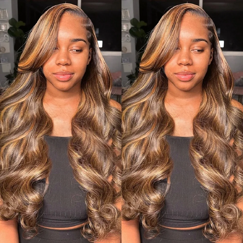 

HD Highlight Body Wave Full Lace Frontal Wigs 13x4 13x6 Human Hair Wigs For Women P4/27 Colored 200 Density Remy Hair 44 46 Inch