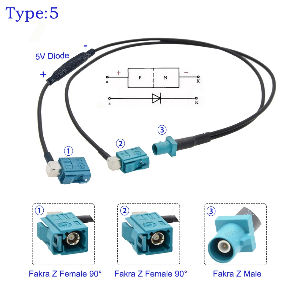 Fakra Z Male to 2*Fakra Female Y Type Splitter Cable With Diode RG174 Pigtail Car GPS Antenna Extension Cable for Android Device
