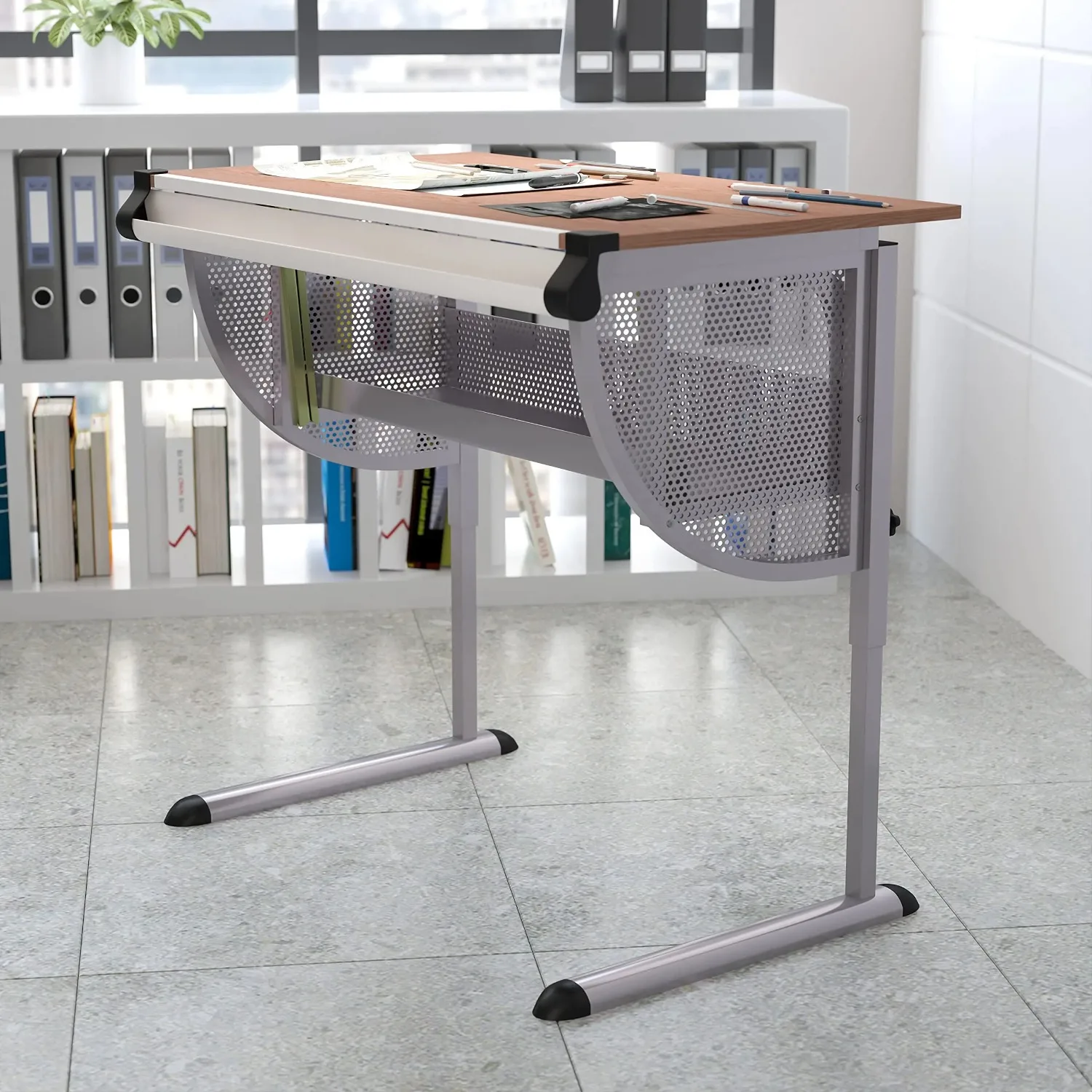Adjustable Drawing and Drafting Table with Pewter Frame | Adjustable Angle Surface, Raised Metric Ruler Border, Supply