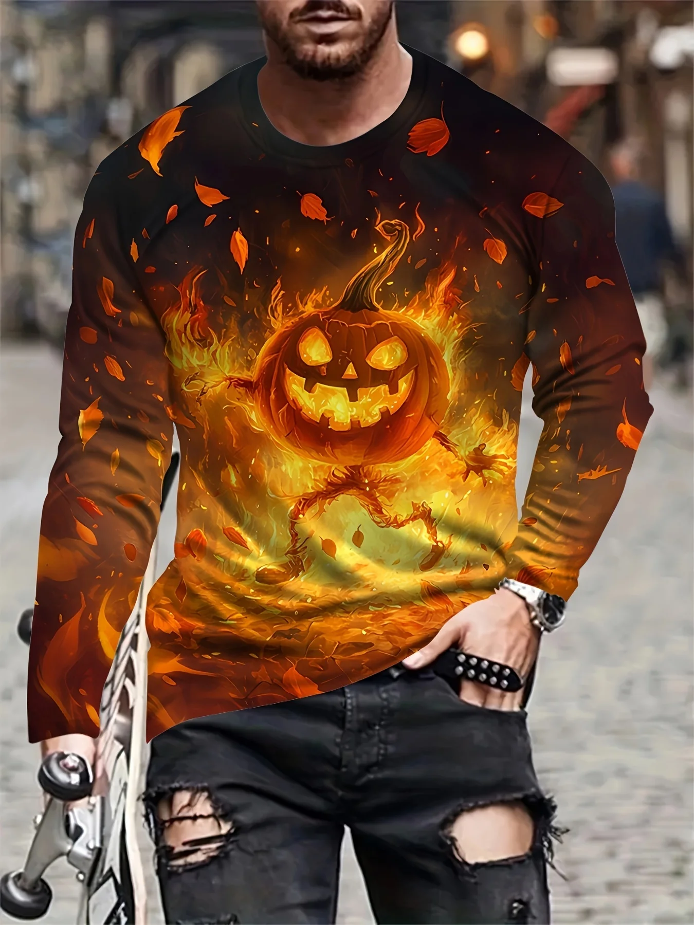 Men's Long Sleeve T‑Shirt Fiery Pumpkin Maple Leaf Halloween Print Crew Neck Casual Streetwear Top