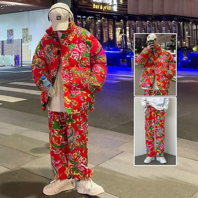 

Thickened Cotton Jacket Men's Northeast Big Flower Cotton Coat Trendy Cotton Outerwear Set Cotton Pants Couple's Wear