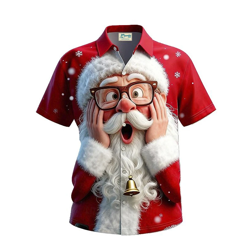 Kaos Natal Santa Claus Ekspresi Lucu untuk Pria, Kerah Pendek Lengan Merah, Hadiah Festival Natal, Atasan Pesta