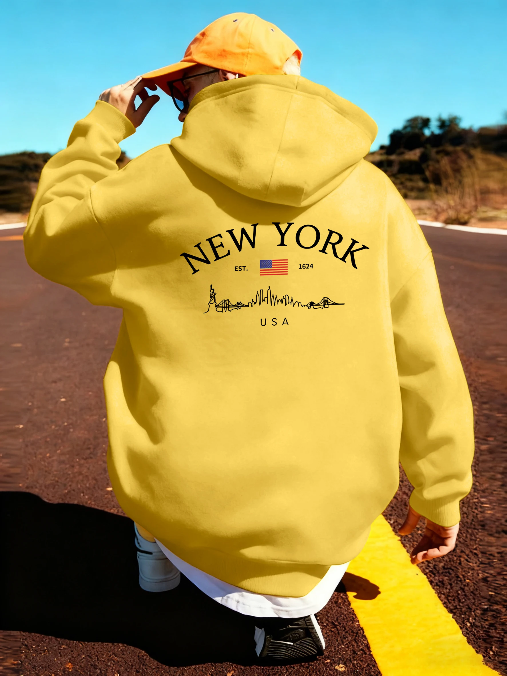 

New York Usa Est 1624, толстовки с узором, мужские универсальные карманные уличные модные свободные флисовые пуловеры для бега, осенние пуловеры для бега