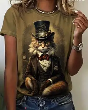 Women Olive Short Sleeve T‑Shirt, Steampunk Owl Pilot Gears Print O‑Neck Casual Loose Summer Graphic Tee