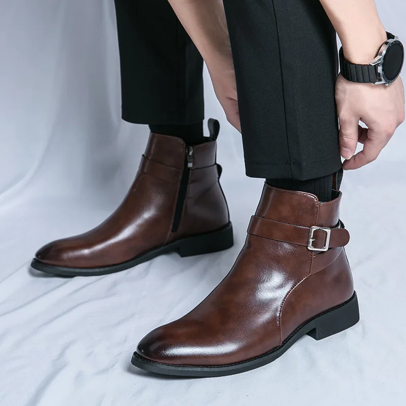 Waterproof British Riding Boots Men's Fashionable Ankle Boots Casual and Versatile High-Top Leather Shoes Men's Trend