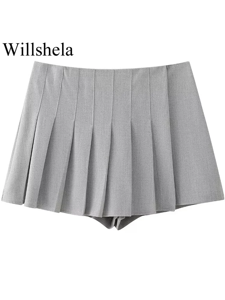 Willshela Women Fashion 2 Piece Set Grey Single Breasted Lapel Neck Shirts & Vintage Side Zipper Shorts Female Chic Shorts Set