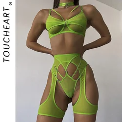 Toucheart Sexy Lingerie Garter Belt Halter Bra Underwear Women Mesh Patchwork Micro Perspective Solid Color Sexy Underwear Set