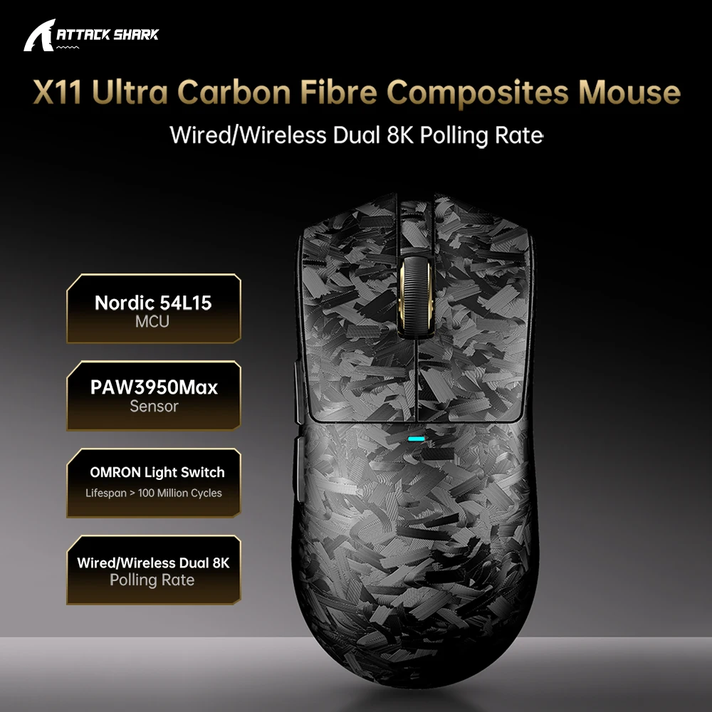 ATTACK SHARK X11 ULTRA Carbon Fiber Wireless 8K Gaming Mouse,PAW3950MAX,59g SUPERLIGHT, Nano-Metal Ice Coating