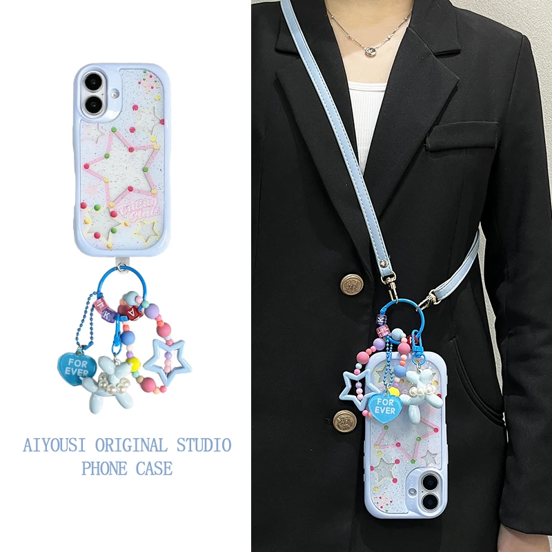 

Creative glitter hollowed out star pendant for iphone15promax phone case apple 13pro fall protection 12 14pro 16promax crossbody