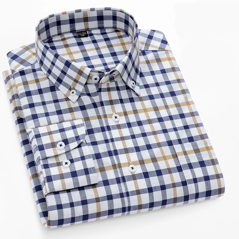 High Quality Men\'s Casual Plaid Oxford Shirt Long Sleeve Comfortable Pure Cotton Button-down Regular-Fit Striped Social Shirts