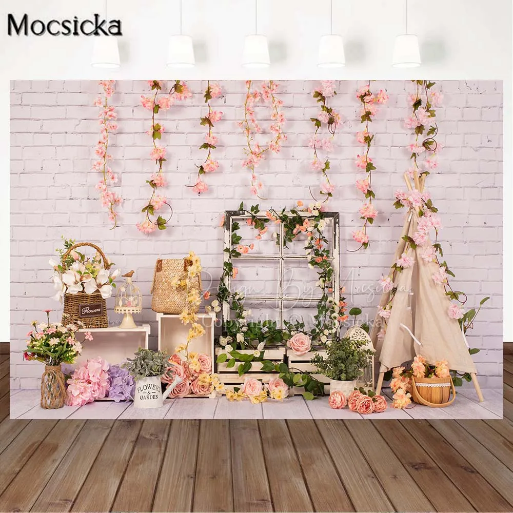 Mocsicka ฤดูใบไม้ผลิดอกไม้สีเขียวหญ้าสีชมพูการถ่ายภาพฉากหลังเด็กทารก 1st วันเกิดเค้ก Smash ภาพพื้นหลังถ่ายภาพ