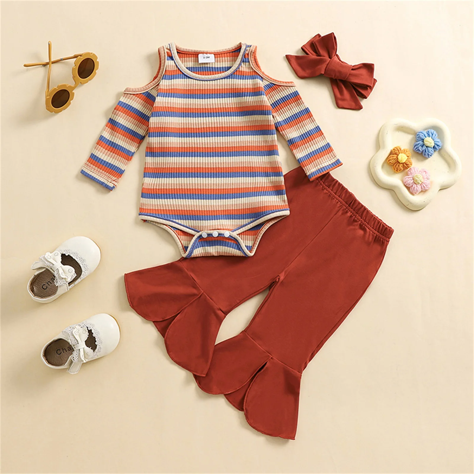 BeQeuewll Fashion Baby Girls Clothes Spring Fall Stripe Newborn Outfit Cold Shoulder Long Sleeve Romper Flare Pants Headband Set