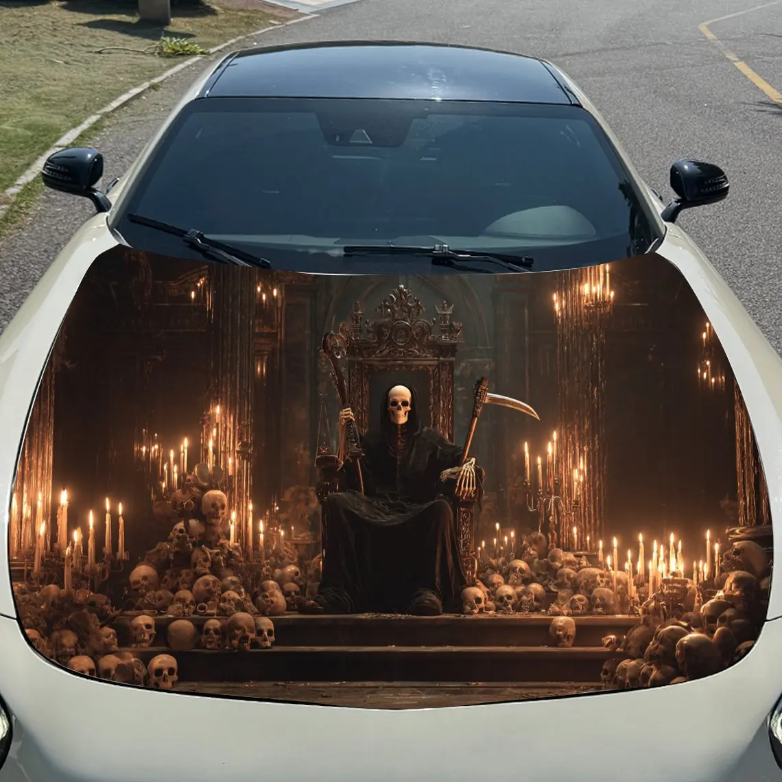 Nether Throne Reaper Candlelit Skull Feast Car Vinyl Wrap، مادة PVC ملصق غطاء السيارة المقاوم للماء، مقاوم للخدش ذاتي اللصق