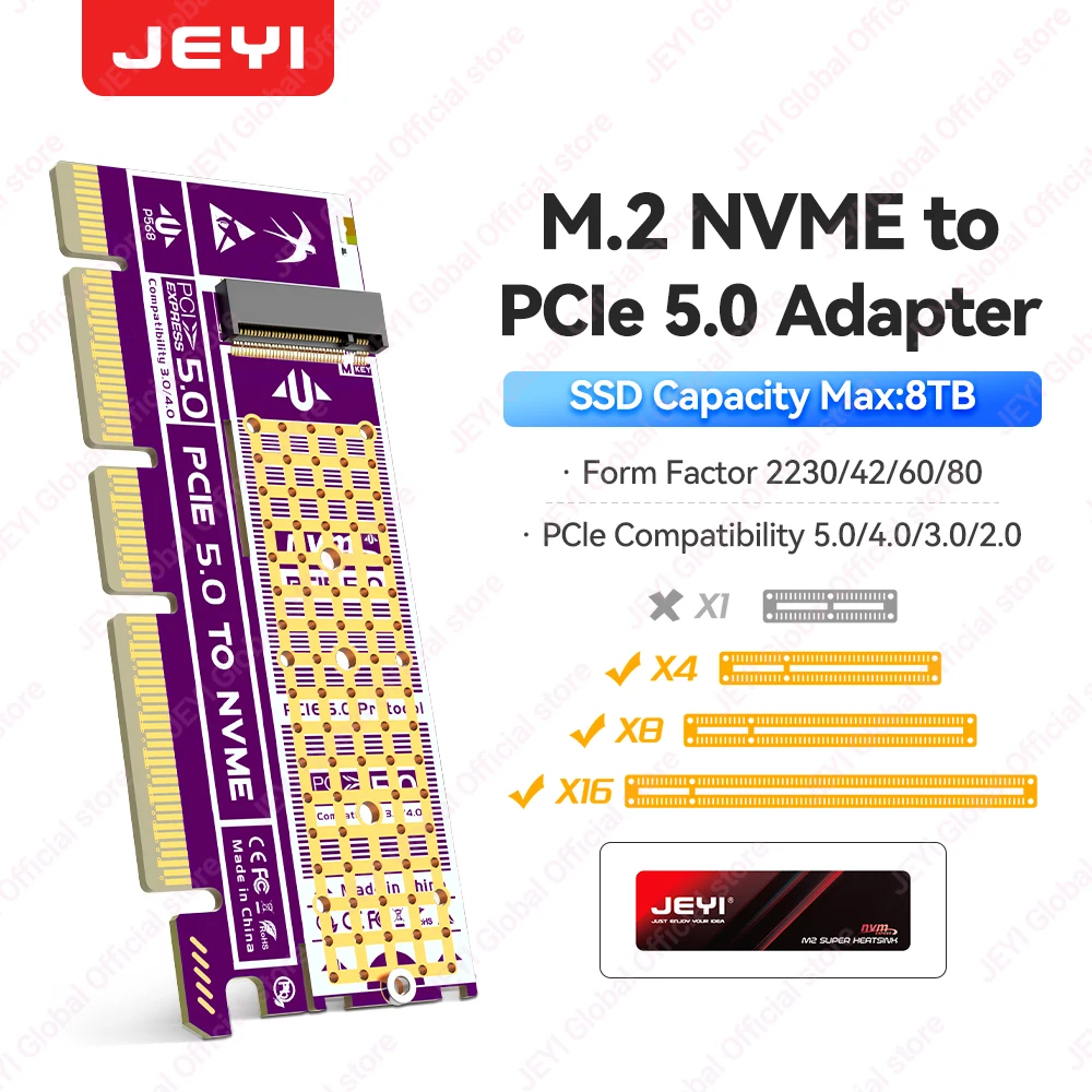 JEYI PCIe 5.0 Adapter NVMe M.2 SSD Expanderkaart 128Gbps Ondersteuning 2230/42/60/80 SSD Ondersteuning PCIE X4/X8/X16 Compatibel PCIe 4.0