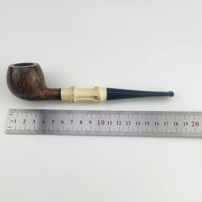 MUXIANG Handmade Briarwood Tobacco Pipe Straight Handle Billiards Pipe Solid Wood Bowl Bamboo wood Pipe Handle Length 170mm