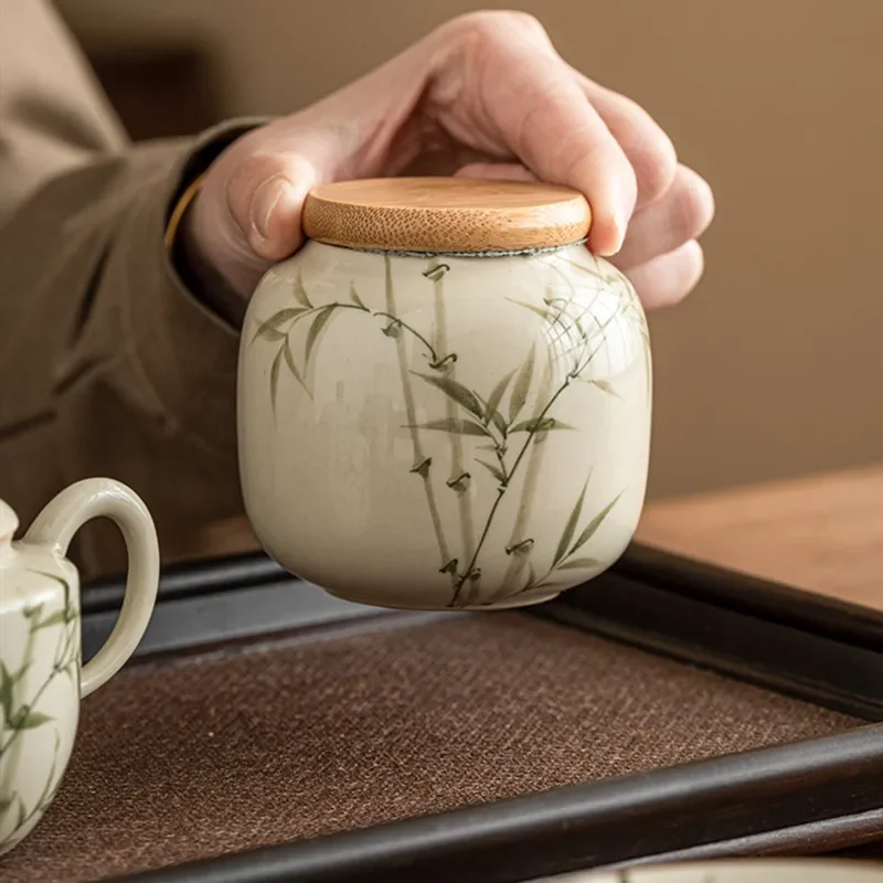 Chinese Ceramic Tea Caddy Hand-painted Bamboo Leaf Tea Jar Travel Tea Bag Tieguanyin Sealed Container Storage Tank Teaware