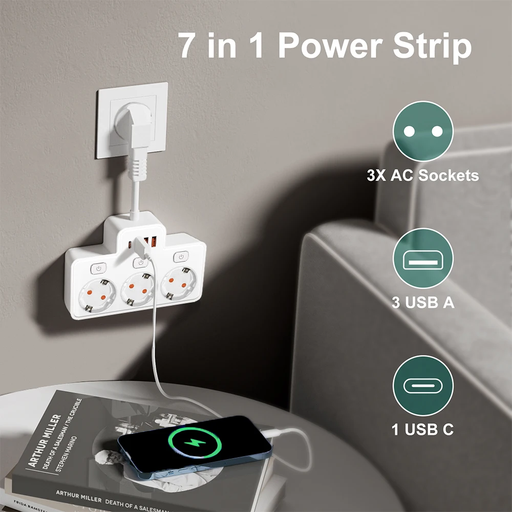 EU Plug AC Power Strip Wall Independent Switch 2500W European Standard Plug Outlet With USB Type-C Ports Charg Network Filter