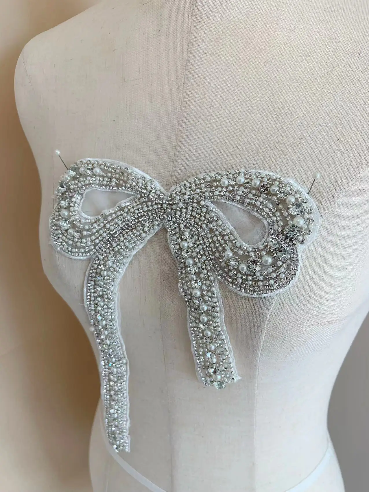 1 Piece Bowknot Flower Rhinestone Applique Beaded Patch for Haute Couture,Dance Costume,Bridal Sash,Shoulder Decor