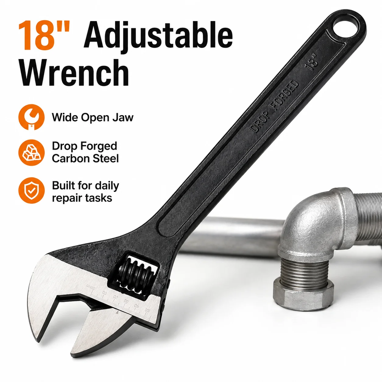 18 Inch Adjustable Wrench Wide Jaw Spanner 2 Inch Jaw Opening Long Handle Tool for Plumbing Auto Repair Nuts Bolts Fasteners