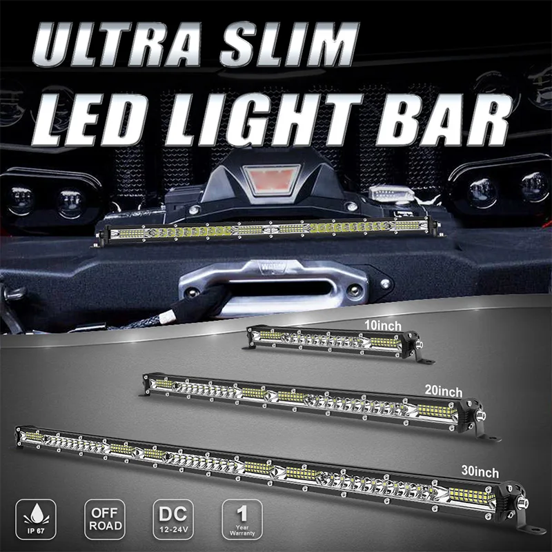 Barre lumineuse LED ultra-fine tout-terrain pour voiture, 12/20/32 pouces, faisceau combiné, 12V/24V, blanc 6500K, pour Jeep, camion, VTT, SUV, phare LED pour voiture