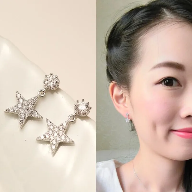 Exquisite New Fashion 925 Sterling Silver Jewelry Micro-set Zircon Crystal Star Long Anti-allergic Female Earrings  E293