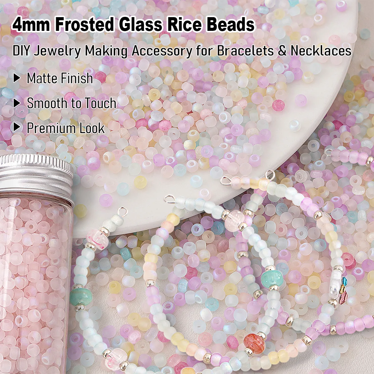 

4mm Frosted Glass Rice Beads - DIY Jewelry Making Spacer Beads for Bracelet Necklace Clothing Accessories (85pcs/Pack)