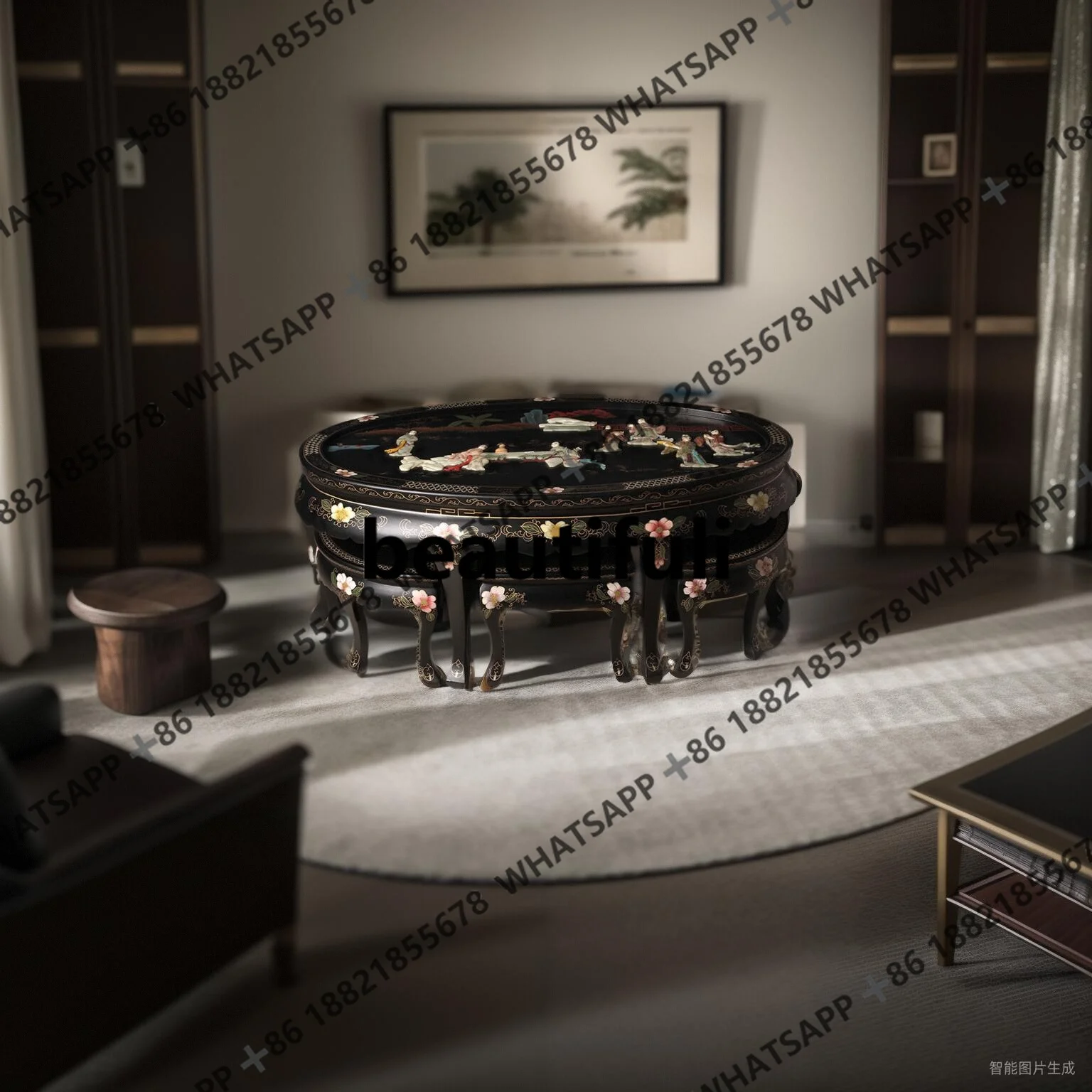 New Chinese custom Ming and Qing furniture bone stone inlaid ancient maid picture stool tea table coffee table