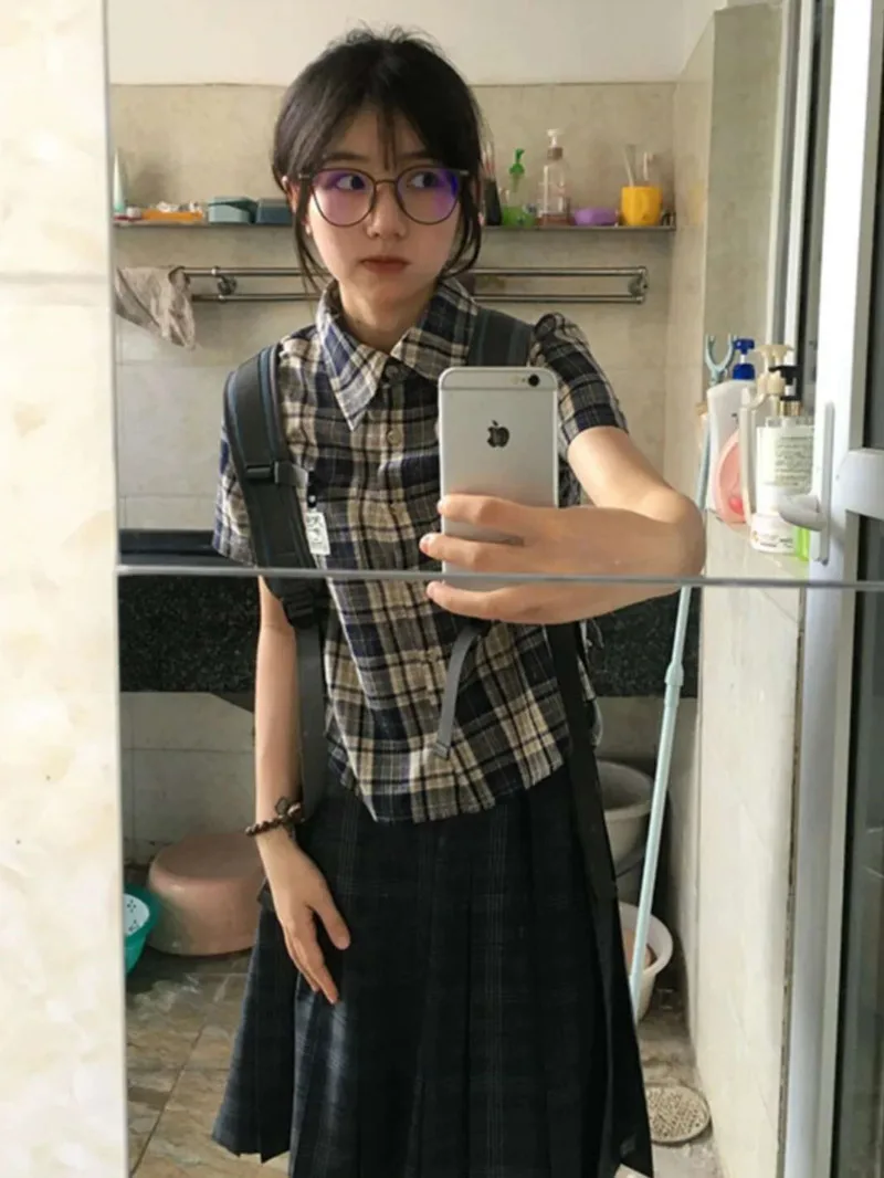 

Slim Fit American Retro Blue Plaid Ort Sve Irt Women Summer Casual Versatile Top Korean Fashion Tops Designer Shirt LAM9