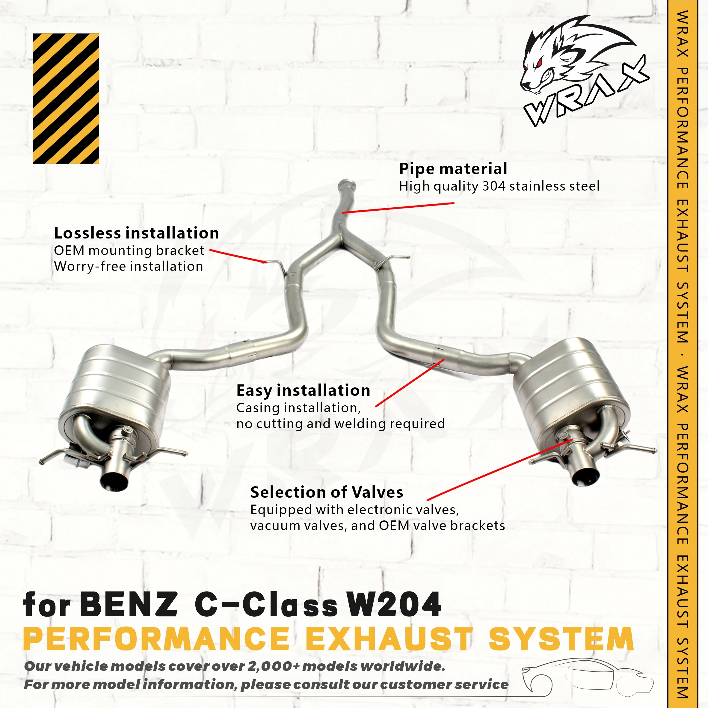WRAX الفولاذ المقاوم للصدأ Catback لـ BENZ C-Class W204-كاتم صوت ماسورة العادم مع اختيار من الصمامات